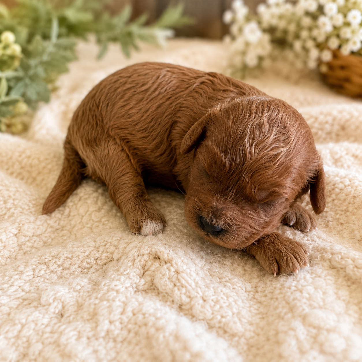 red cavapoo girl puppy sleeping on soft blanket