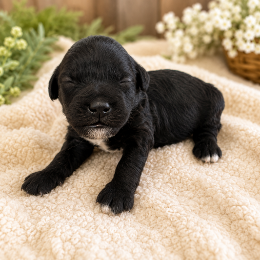 black cavapoo girl puppy with white chin and chest markings