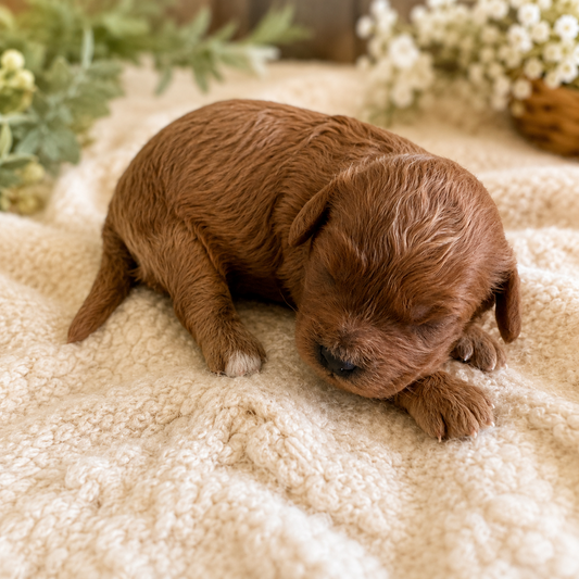 red cavapoo girl puppy sleeping on soft blanket